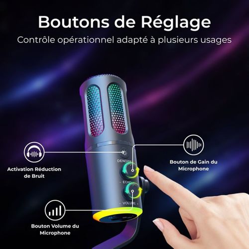 Microphone De Bureau K-mic-neon — Cardioïde USB et Jack 3,5 Mm, Rgb