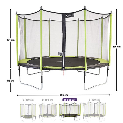 Trampoline Jardin D. 360 cm + Filet De Sécurité - Jumpi 360 - Noir/vert
