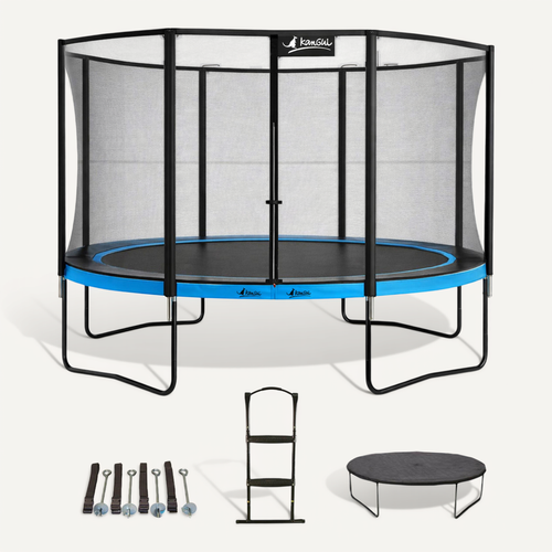 Trampoline D. 430cm + Filet + échelle + Bâche + Kit Ancrage - Punchi 430 Bleu