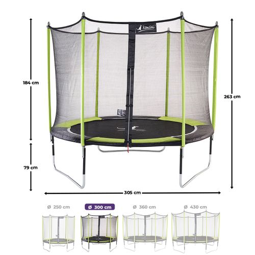 Trampoline Jardin D. 300 cm + Filet + échelle - Jumpi 300 - Noir/vert
