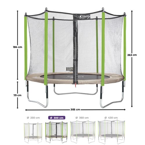 Trampoline Jardin D. 300 cm + Filet + échelle - Jumpi 300 - Taupe/vert