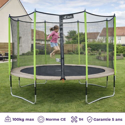Trampoline Jardin D. 360 cm + Filet + échelle - Jumpi 360 - Taupe/vert