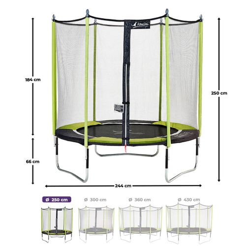 Trampoline Jardin D. 250 cm + Filet + échelle - Jumpi 250 - Noir/vert