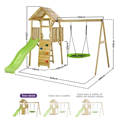 Aire De Jeux Bois, 2 Balançoires, Nid, Toboggan, Escalade, Cabane Woodi