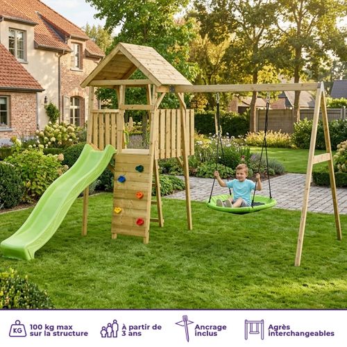 Aire De Jeux Bois, 2 Balançoires, Nid, Toboggan, Escalade, Cabane Woodi