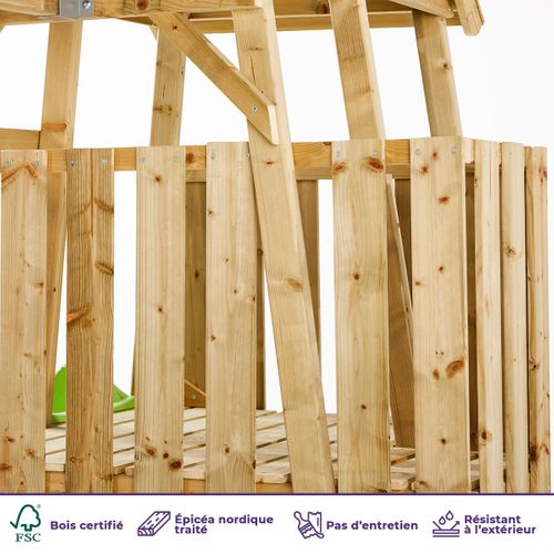 Aire De Jeux Bois, 2 Balançoires, Nid, Toboggan, Escalade, Cabane Woodi