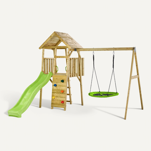 Aire De Jeux Bois, 2 Balançoires, Nid, Toboggan, Escalade, Cabane Woodi