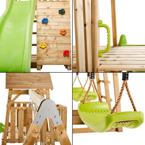 Aire De Jeux Bois, 2 Balançoires, Nid, Toboggan, Escalade, Cabane Woodi