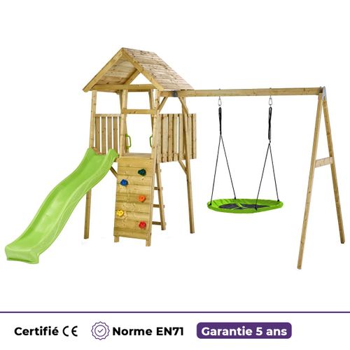 Aire De Jeux Bois, 2 Balançoires, Nid, Toboggan, Escalade, Cabane Woodi