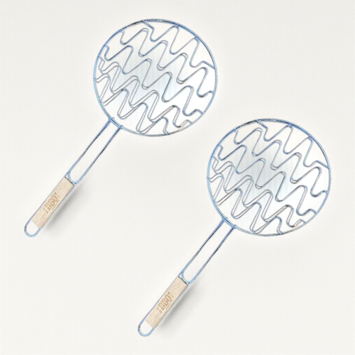Lot De 2 Doubles Grilles Barbecue Ronde 30 Cm En Acier Chromé Avec Manche En Bois