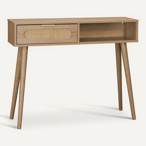 Console Décor Bois Et Cannage Arrondi 1 Tiroir. 1 Niche. Pieds Scandinaves. L 100 X L 29 X H 81