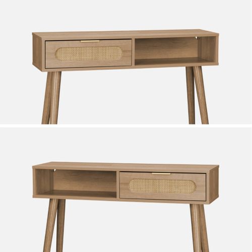 Console Décor Bois Et Cannage Arrondi 1 Tiroir. 1 Niche. Pieds Scandinaves. L 100 X L 29 X H 81