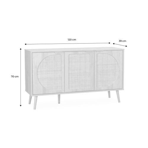 Buffet De Rangement. Eva. Cannage Arrondis Et Décor Bois. Trois Portes. Deux Niveaux . Buffet Bas.