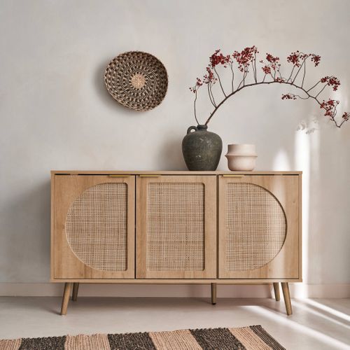 Buffet De Rangement. Eva. Cannage Arrondis Et Décor Bois. Trois Portes. Deux Niveaux . Buffet Bas.