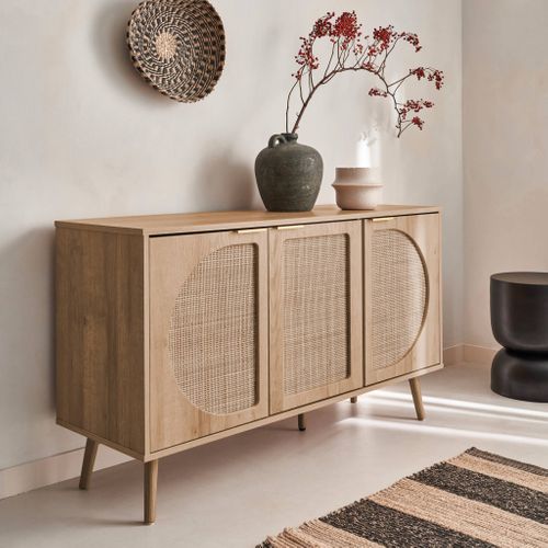 Buffet De Rangement. Eva. Cannage Arrondis Et Décor Bois. Trois Portes. Deux Niveaux . Buffet Bas.