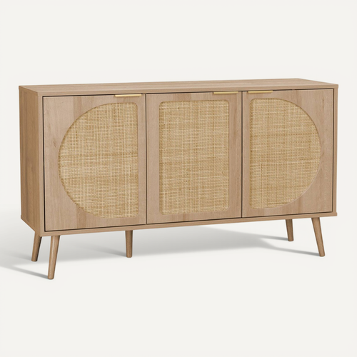 Buffet De Rangement. Eva. Cannage Arrondis Et Décor Bois. Trois Portes. Deux Niveaux . Buffet Bas.