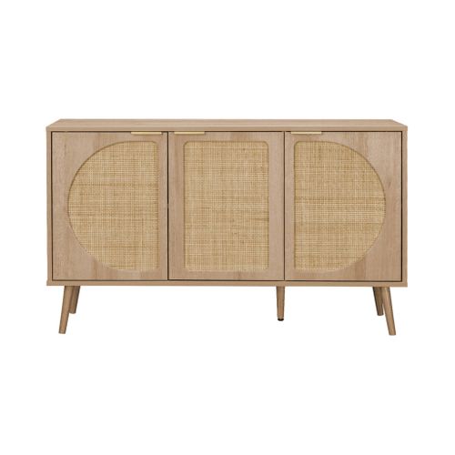 Buffet De Rangement. Eva. Cannage Arrondis Et Décor Bois. Trois Portes. Deux Niveaux . Buffet Bas.