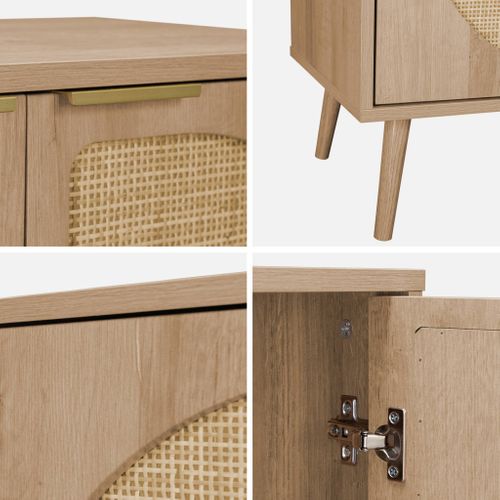 Buffet De Rangement. Eva. Cannage Arrondis Et Décor Bois. Trois Portes. Deux Niveaux . Buffet Bas.