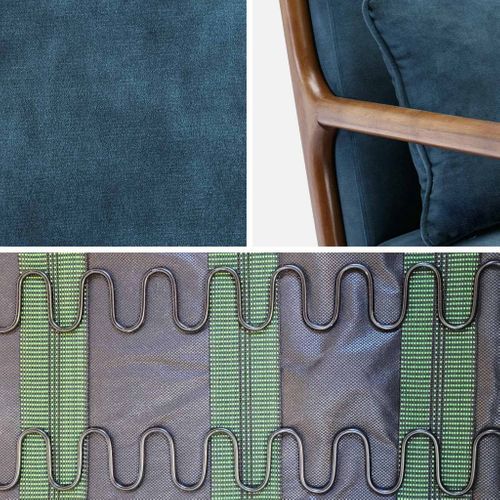 Fauteuil En Velours Bleu Pétrole. Pieds Bois D'hévéa Teinté Noyer Clair. 1 Place Droit Fixe. Pieds