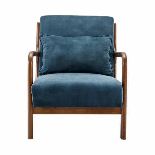 Fauteuil En Velours Bleu Pétrole. Pieds Bois D'hévéa Teinté Noyer Clair. 1 Place Droit Fixe. Pieds