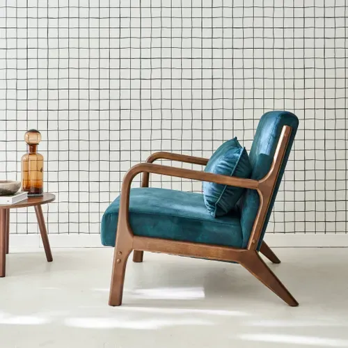 Fauteuil En Velours Bleu Pétrole. Pieds Bois D'hévéa Teinté Noyer Clair. 1 Place Droit Fixe. Pieds