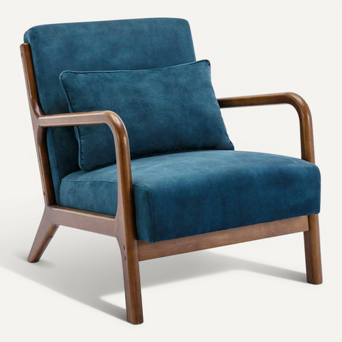 Fauteuil En Velours Bleu Pétrole. Pieds Bois D'hévéa Teinté Noyer Clair. 1 Place Droit Fixe. Pieds