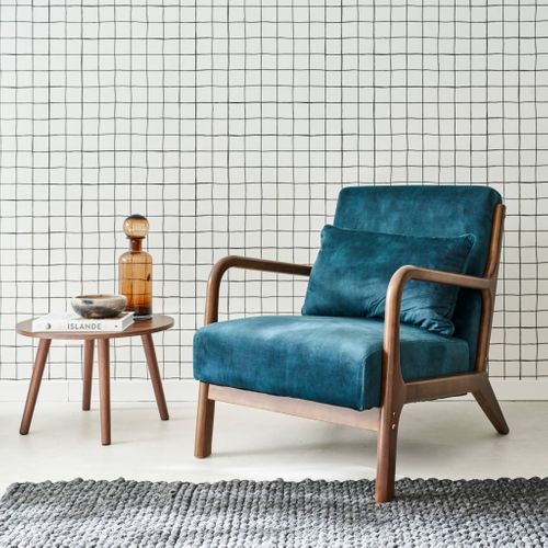 Fauteuil En Velours Bleu Pétrole. Pieds Bois D'hévéa Teinté Noyer Clair. 1 Place Droit Fixe. Pieds