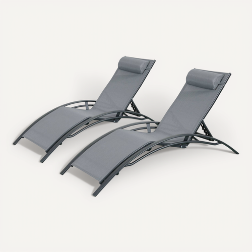 Duo De Bains De Soleil Aluminium - Louisa Anthracite - Transats Aluminium Et Textilène