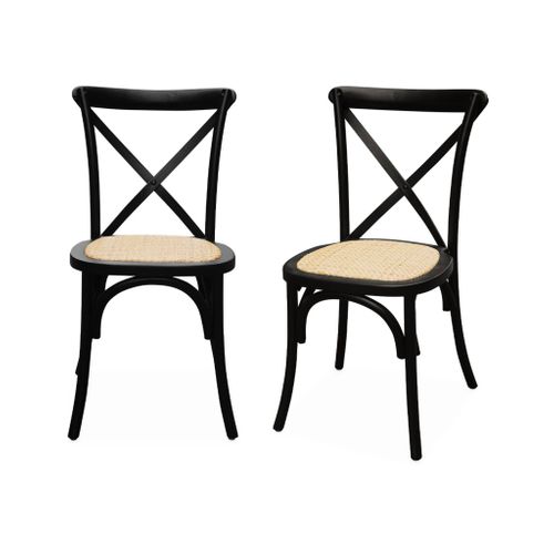Lot De 2 Chaises De Bistrot En Bois D'hévéa Noir. Vintage. Assise En Rotin. Empilables
