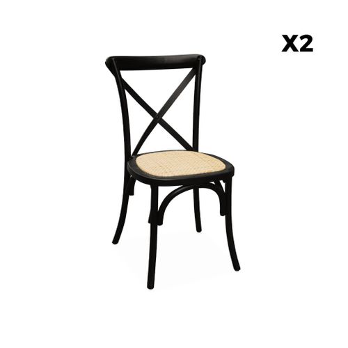 Lot De 2 Chaises De Bistrot En Bois D'hévéa Noir. Vintage. Assise En Rotin. Empilables