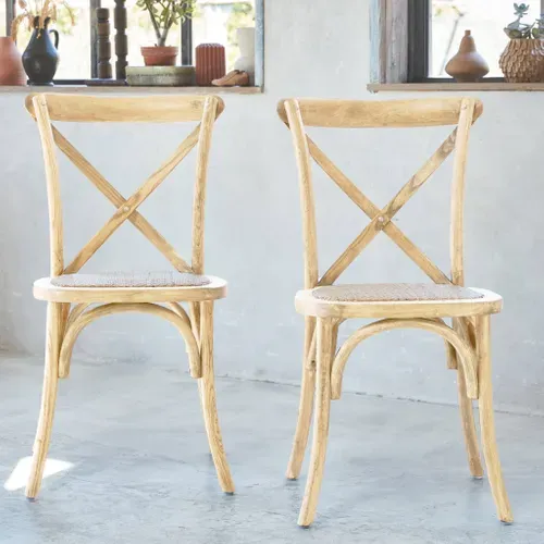 Lot De 2 Chaises De Bistrot En Bois De Cédrèle Naturel. Vintage. Assise En Rotin. Empilables