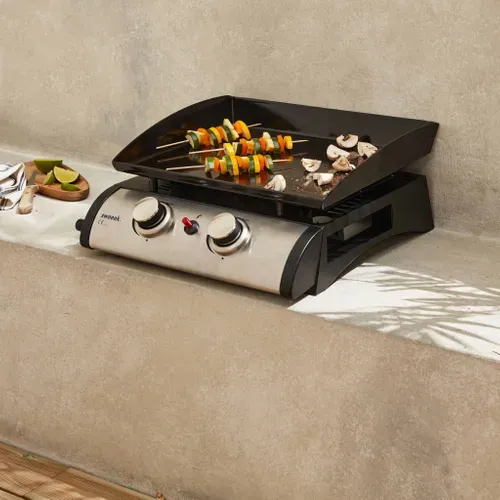 Plancha Au Gaz 2 Brûleurs - Porthos - 5 Kw. Barbecue. Cuisine Extérieure. Plaque émaillée. Inox