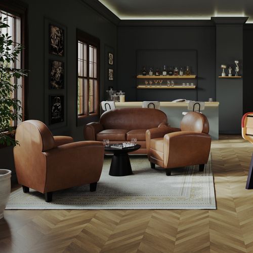 Fauteuil Camel En Croute De Cuir Enduite - Club