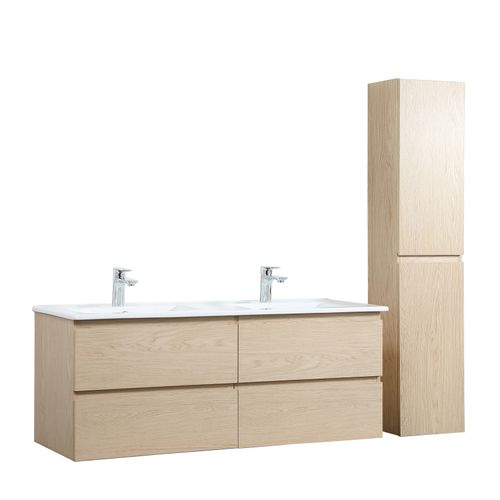 Meuble Double Vasque 120cm Avec Plan Céramique Sorrento Décor Chêne + Colonne