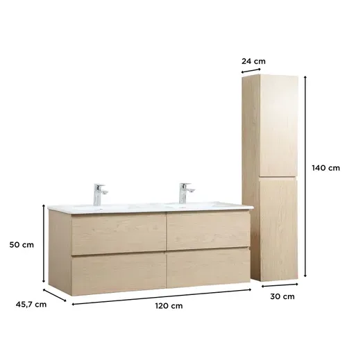 Meuble Double Vasque 120cm Avec Plan Céramique Sorrento Décor Chêne + Colonne