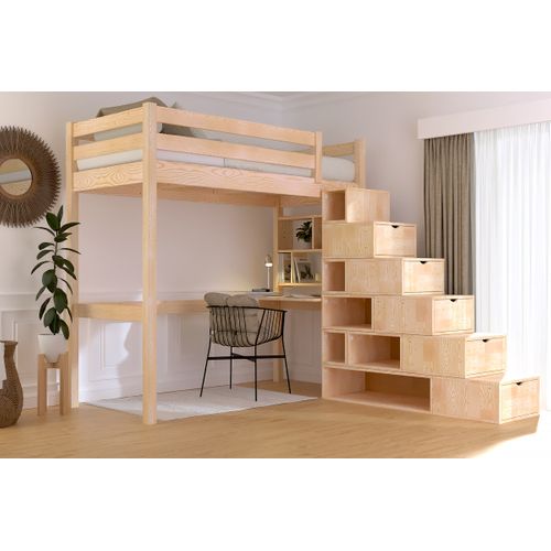 Lit Mezzanine Bois 90x200 Sylvia Avec Escalier Cube, Vernis Naturel