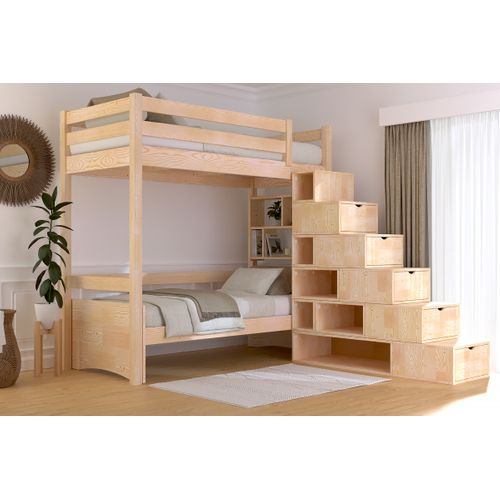 Lit Mezzanine Bois 90x200 Sylvia Avec Escalier Cube, Vernis Naturel