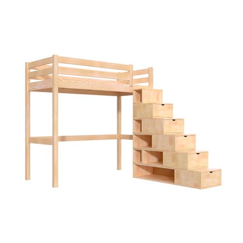Lit Mezzanine Bois 90x200 Sylvia Avec Escalier Cube, Vernis Naturel