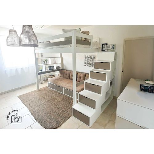 Lit Mezzanine Bois 90x200 Sylvia Avec Escalier Cube, Vernis Naturel