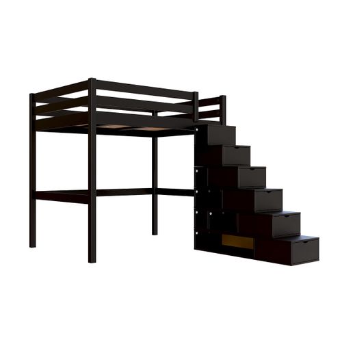 Lit Mezzanine Bois 140x200 Sylvia Avec Escalier Cube, Noir
