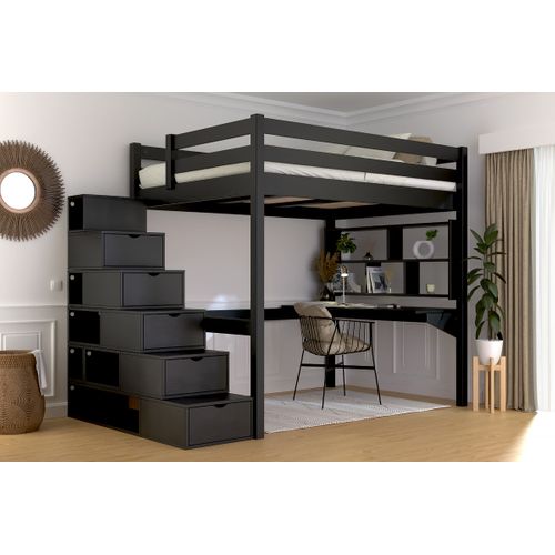 Lit Mezzanine Bois 140x200 Sylvia Avec Escalier Cube, Noir