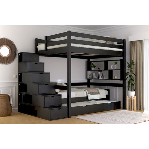 Lit Mezzanine Bois 140x200 Sylvia Avec Escalier Cube, Noir