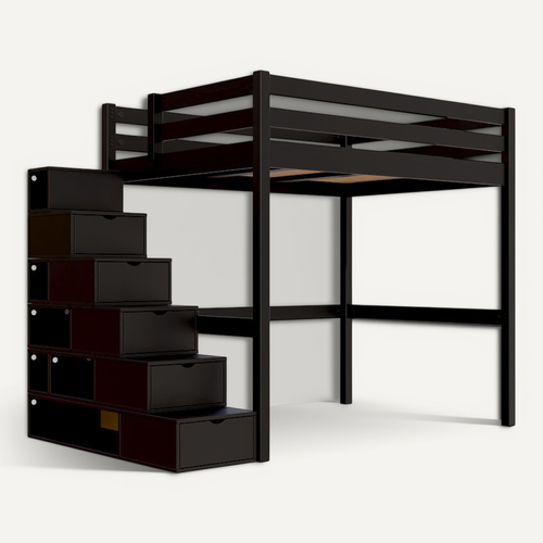 Lit Mezzanine Bois 140x200 Sylvia Avec Escalier Cube, Noir