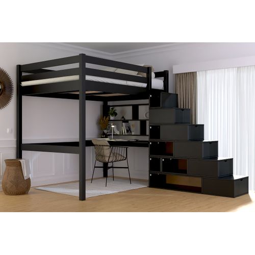 Lit Mezzanine Bois 140x200 Sylvia Avec Escalier Cube, Noir