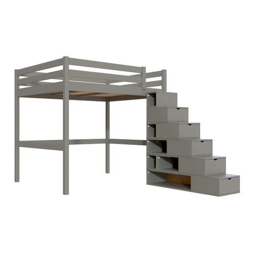 Lit Mezzanine Bois 160x200 Avec Escalier Cube Sylvia, Gris