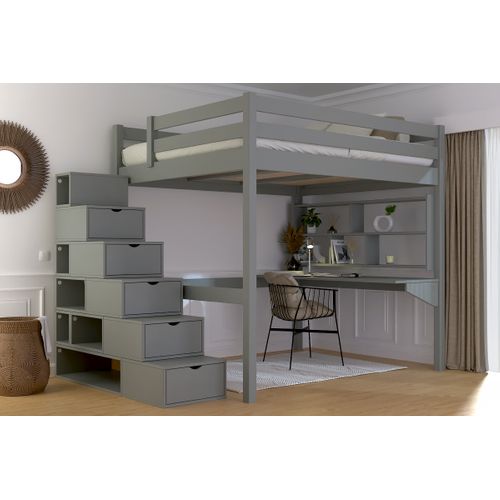 Lit Mezzanine Bois 160x200 Avec Escalier Cube Sylvia, Gris