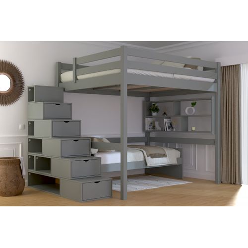 Lit Mezzanine Bois 160x200 Avec Escalier Cube Sylvia, Gris