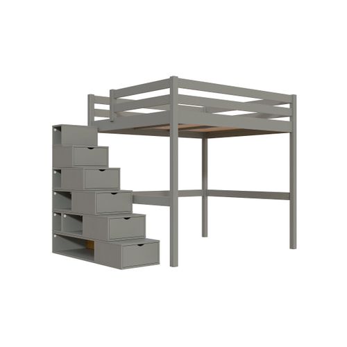 Lit Mezzanine Bois 160x200 Avec Escalier Cube Sylvia, Gris