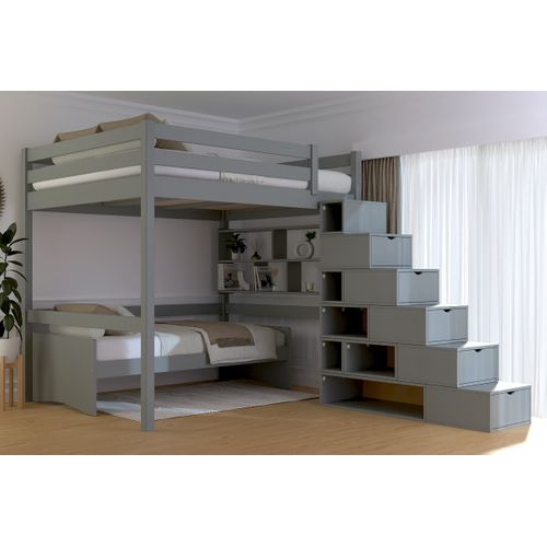 Lit Mezzanine Bois 160x200 Avec Escalier Cube Sylvia, Gris