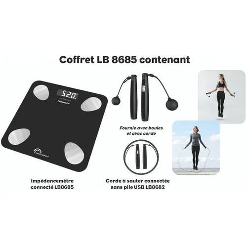 Pèse-personne - 8685 - Kit Duo Connect Fit - Impédancemètre + Corde à Sauté - 190 Kg/100 G - Noir